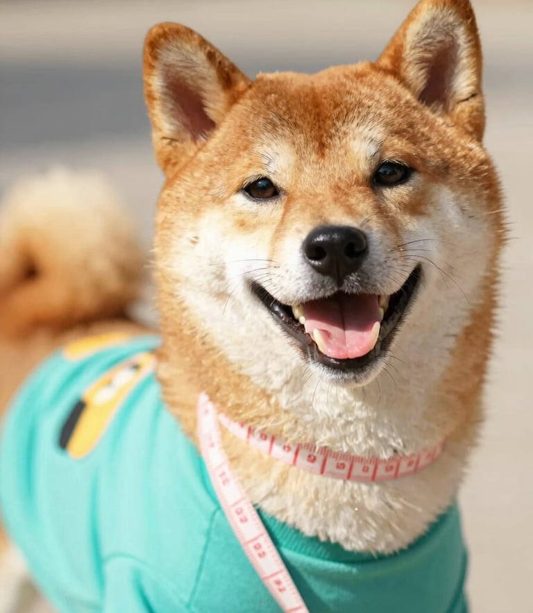 Close-up of a happy Shiba Inu wearing a colorful handmade teal shirt, a soft measuring tape draped gently around its neck, bright natural daylight, warm tones.