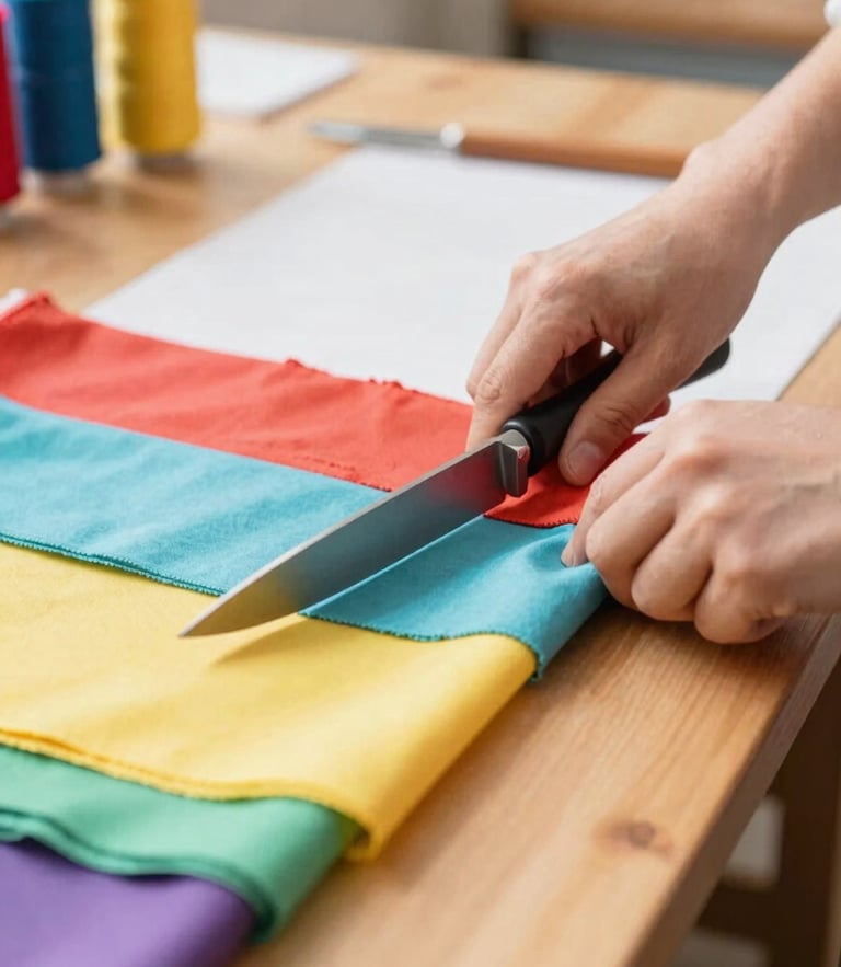 Close-up of hands cutting colorful fabrics on a wooden table in a brightly lit sewing workshop, warm natural light, shallow depth of field