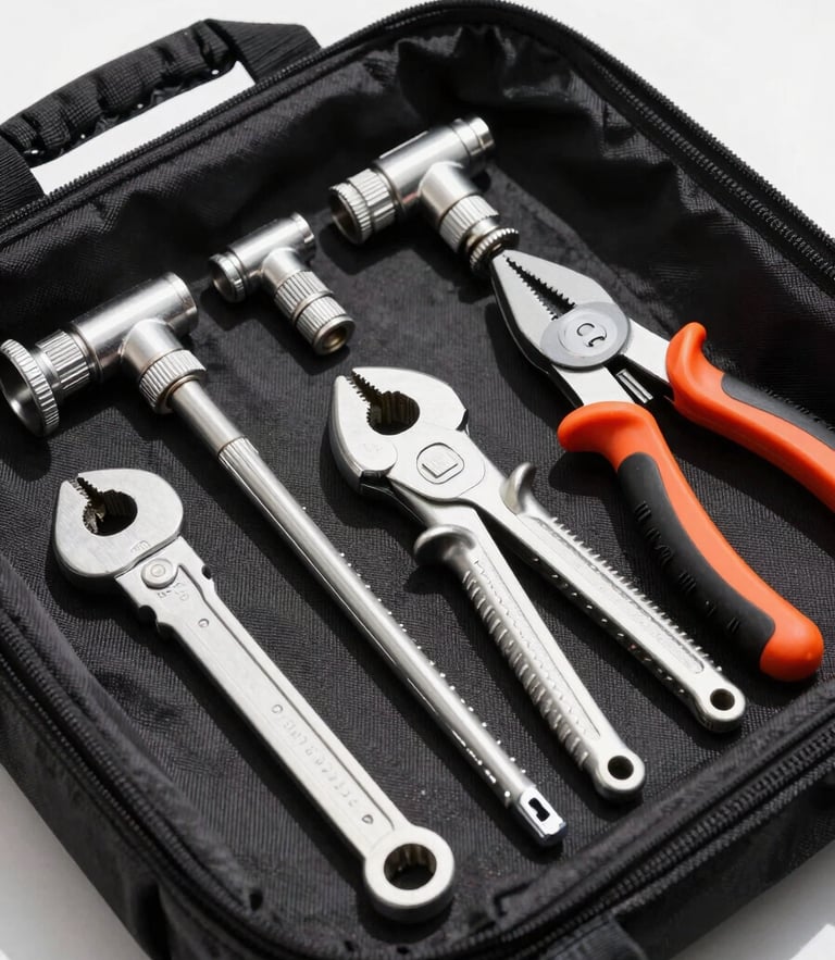 Crisp commercial photography of professional plumbing tools arranged neatly in a tool bag, bright daylight, high-contrast utility style.