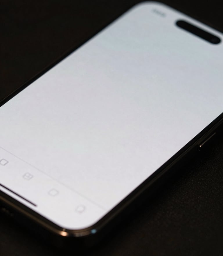 Extreme close-up of a sleek mobile screen displaying a minimalist digital interface, resting on high-end stationery, sharp contrast.