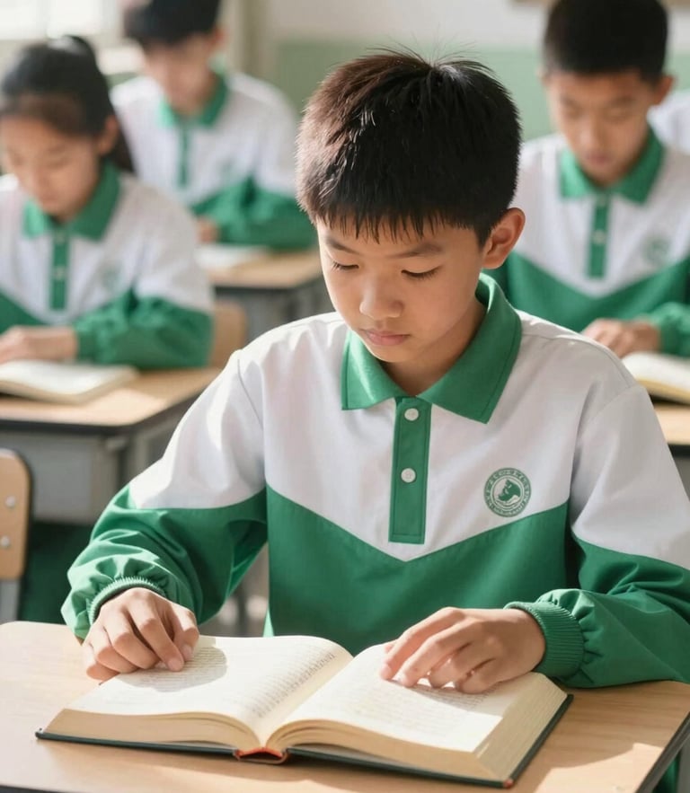 Bright editorial photography of a student in a clean green and white school uniform reading Al-Qur'an in a sunlit classroom, soft natural light, shallow depth of field