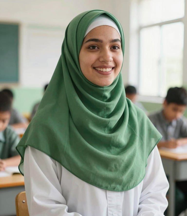 A warm, bright portrait of an Islamic teacher in a green hijab smiling warmly in a bright classroom, natural daylight, soft depth of field.