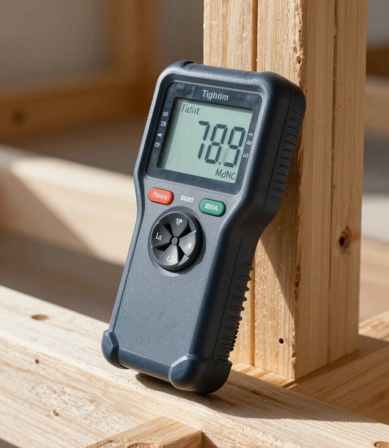 Tight geometric shot of a professional moisture detection meter with digital readout screen against clean structural wood framing, bright natural morning light, highly detailed.
