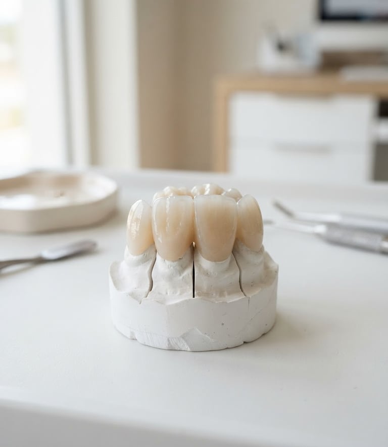 Macro shot of a high-precision ceramic dental crown model, clean clinical lighting, soft neutral background, shallow depth of field