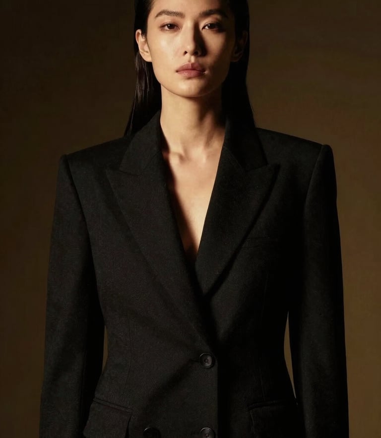 High-fashion editorial portrait of an authoritative woman in a structured black blazer, dramatic chiaroscuro lighting, dark gold highlights, studio setting