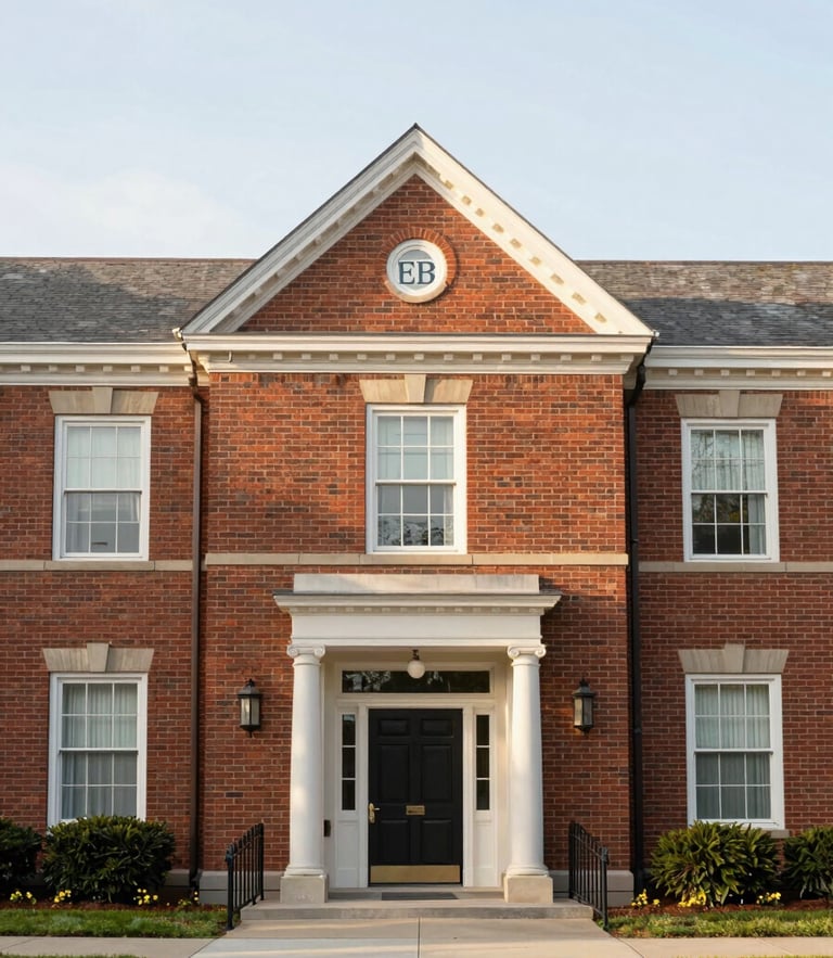Straight-on architectural shot of a brick faculty residence, soft morning sun, EB Garamond collegiate feel
