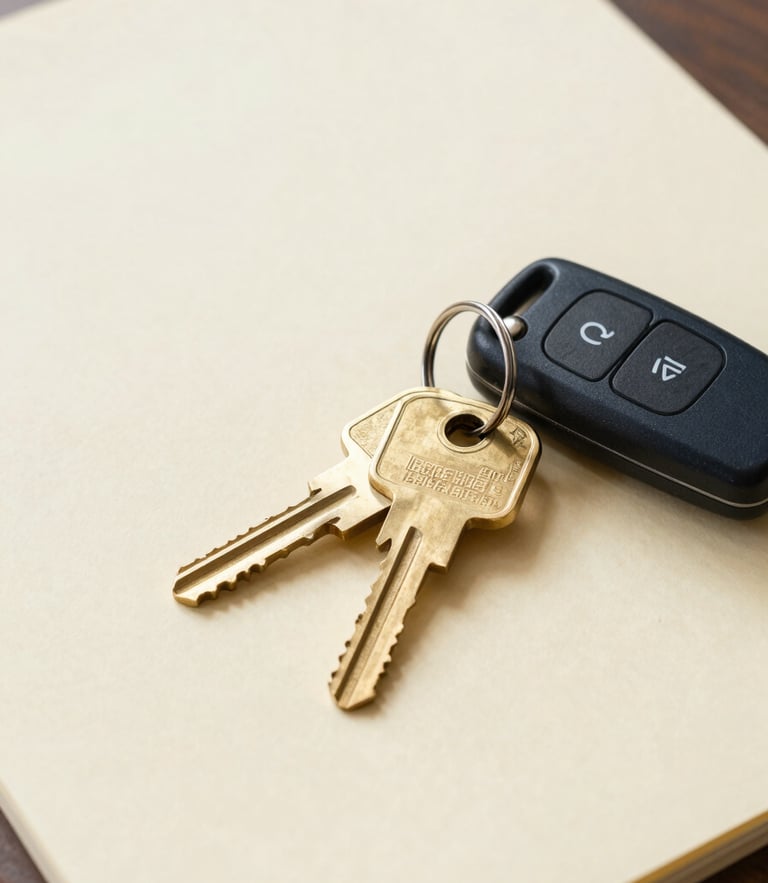 Close-up of brass house keys and a modern car key resting on a clean, warm cream document folder, soft natural light