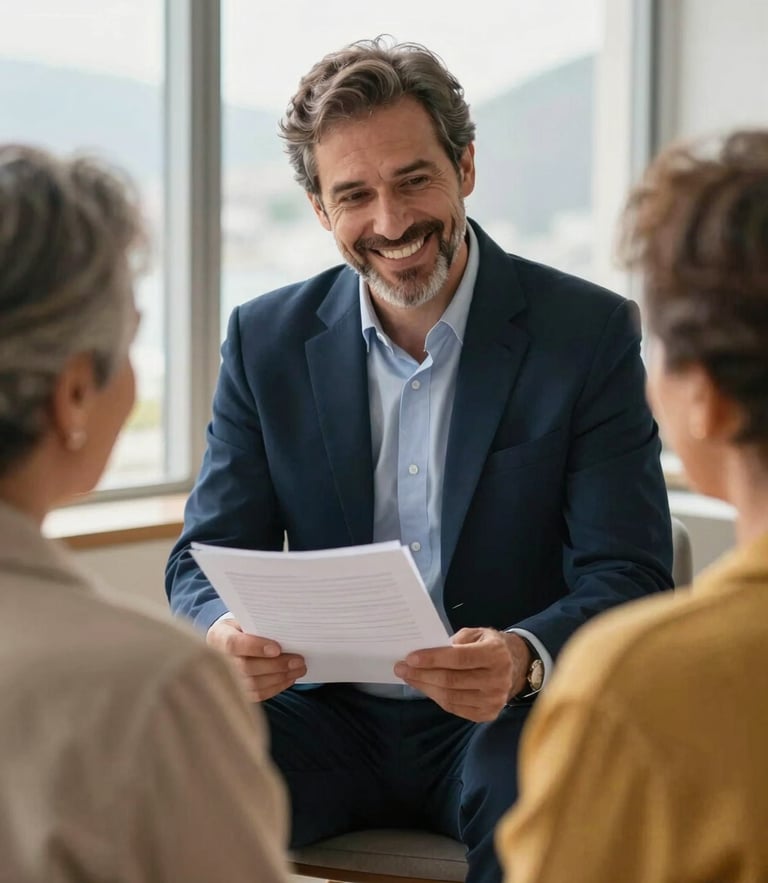 Professional financial advisor in Rio de Janeiro, smiling warmly, reviewing a document with an older couple, natural window light, deep navy and gold tones, 35mm