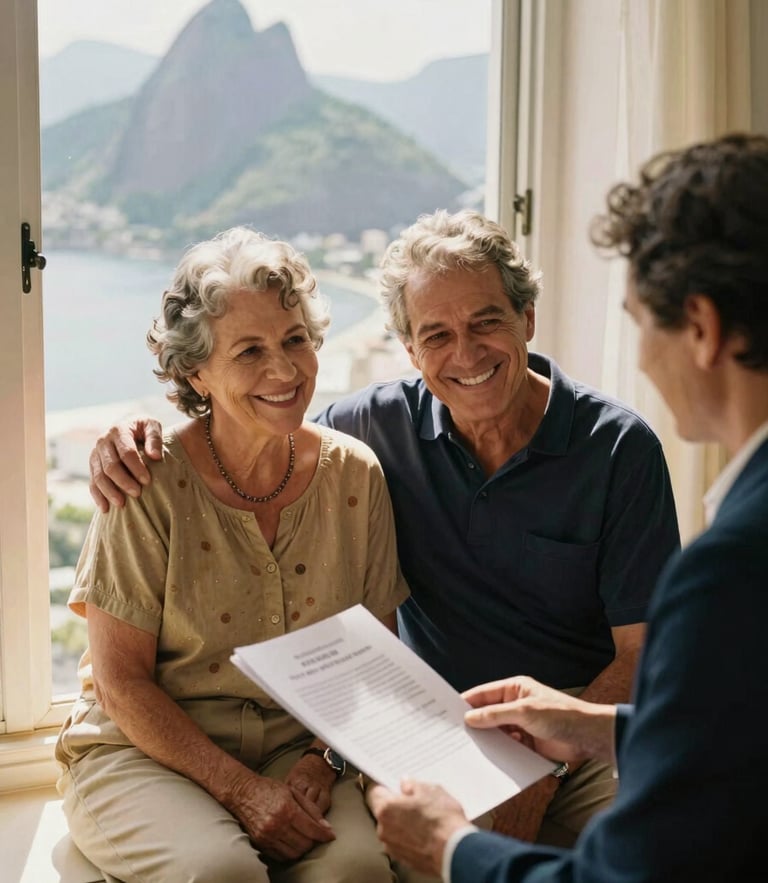 A warm editorial portrait of a smiling retired Brazilian couple sitting by a sunlit window in Rio de Janeiro, reviewing a document with a professional advisor, 35mm photography, soft gold tones.