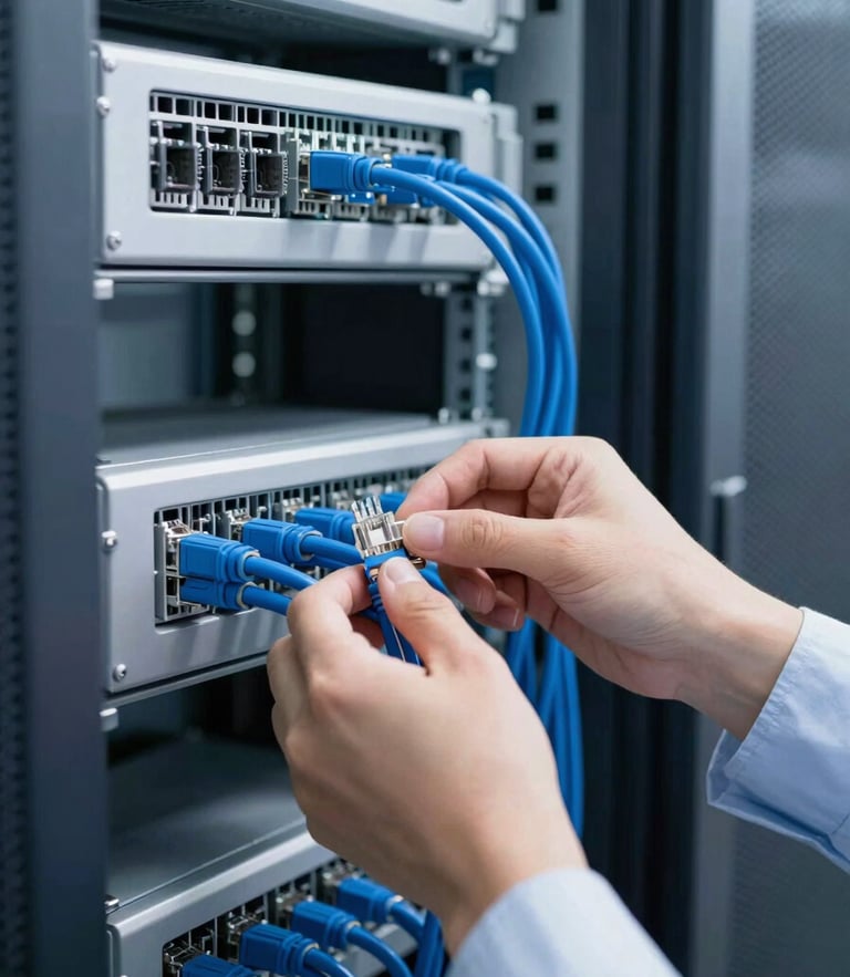 Close-up of a professional technician neatly organizing blue network cables in a clean server rack, cool bright technical lighting, 35mm