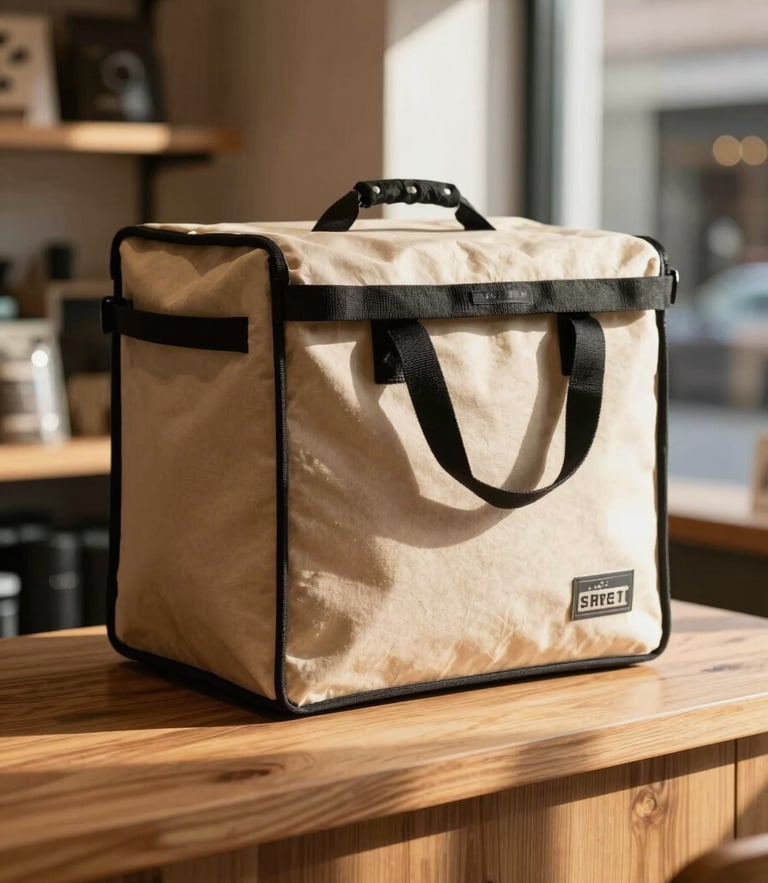 A close-up shot of a classic canvas delivery bag sitting on a warm, textured wooden counter inside the Lawrence Street shop, illuminated by soft golden hour sunbeams coming through the window.