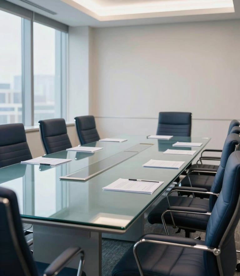 A sophisticated corporate boardroom in a Global / Professional business hub. The room features a long glass table reflecting Sky Blue lighting and comfortable Midnight Navy chairs. The environment is clean, bright, and professional, suggesting a place where high-level decisions are made.