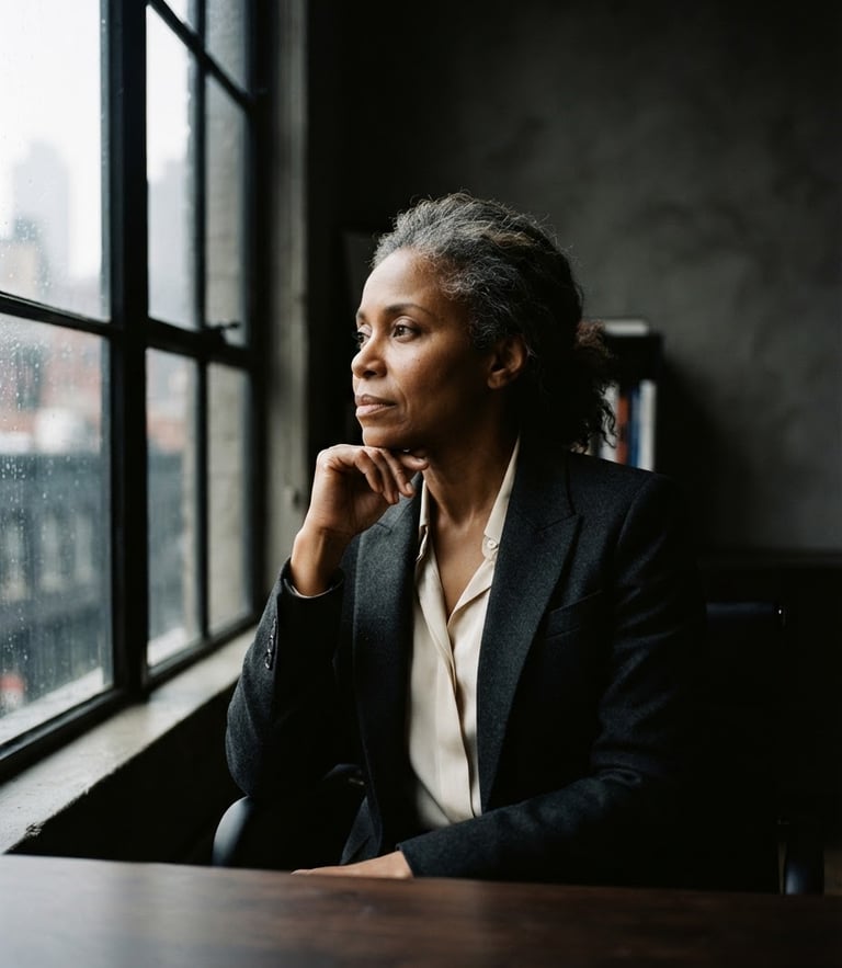 A thoughtful, unposed portrait of a diverse leader in a quiet moment of reflection, high-contrast natural window light, deep shadows, rich cream and charcoal tones, 35mm lens.