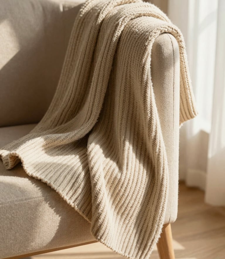 Warm editorial photography of a ribbed knit throw draped over an oatmeal-colored chair, soft afternoon window light casting long shadows, rich tactile texture, shallow depth of field.