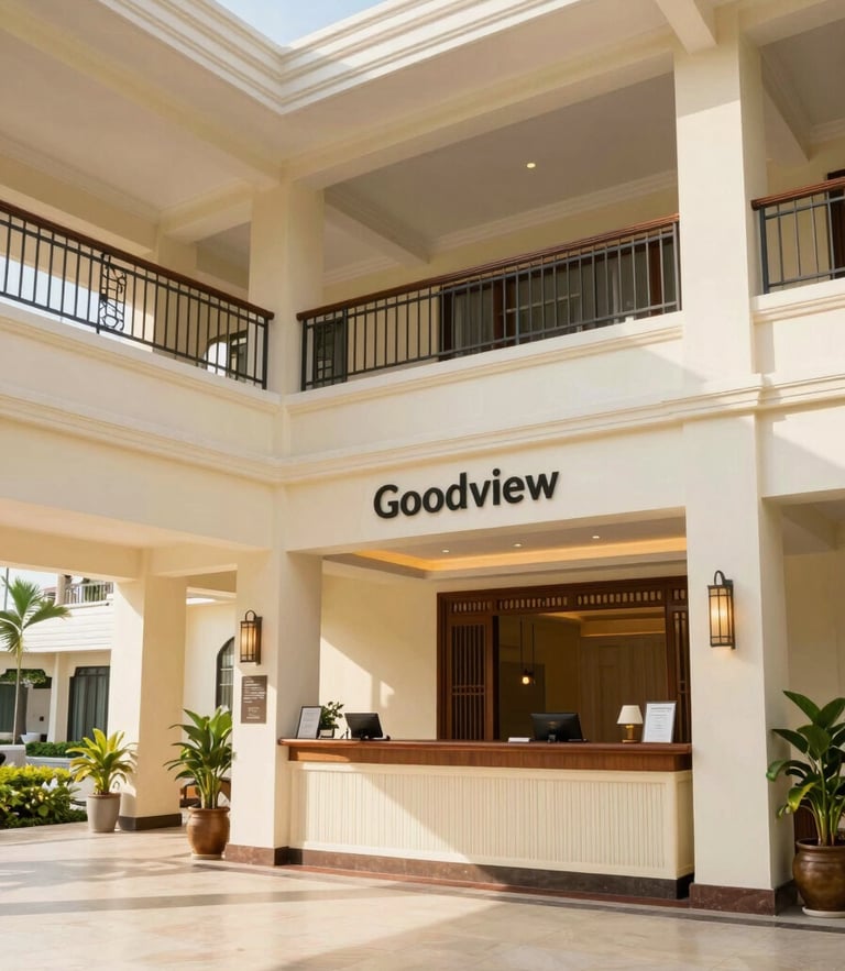 Bright welcoming hotel reception lobby of Hua Hin Goodview Hotel, warm natural daylight, soft cream tones, professional architectural photography