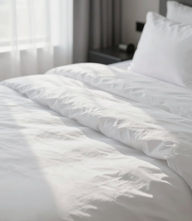 Macro photograph of perfectly styled crisp white bedding catching soft morning daylight in a high-end minimalist hotel suite