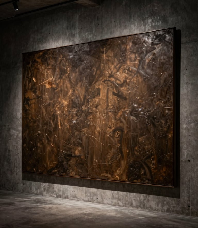 Dramatic side-lit wide shot of a massive heavily textured canvas painting hanging in a dark concrete brutalist interior, low-key lighting, warm bronze undertones, medium format photography