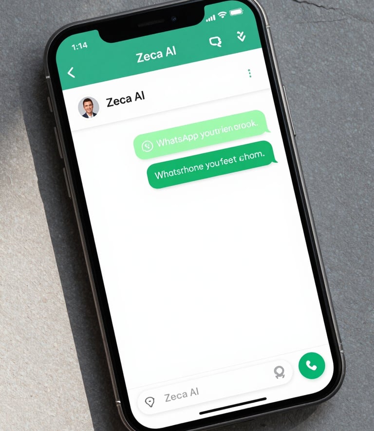 High-fidelity smartphone screen displaying a WhatsApp chat with Zeca AI, showing a clean financial summary with green accents, bright daylight reflection