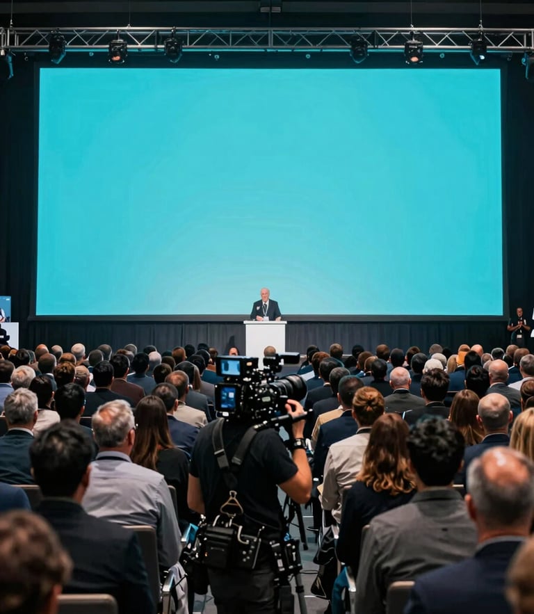 Wide-angle dramatic shot of a massive corporate conference crowd under electric cyan stage lighting, a professional photographer with gear active in the foreground, high contrast, cinematic.