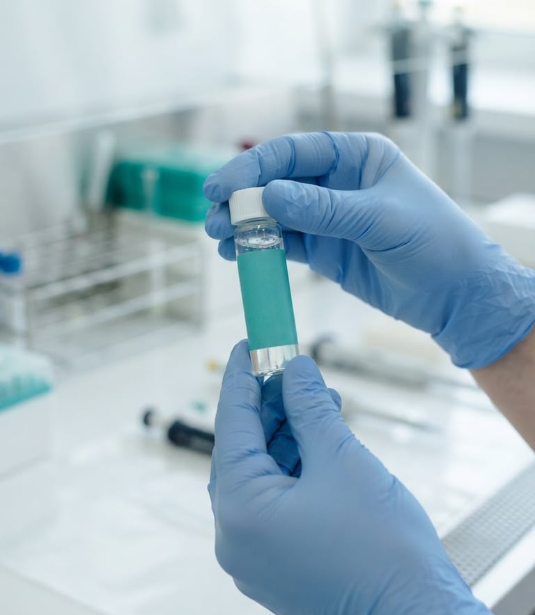 Close-up of clinical laboratory technician hands holding a sterile sample vial with a teal label, bright natural daylight, sterile white and teal palette, sharp focus, 35mm