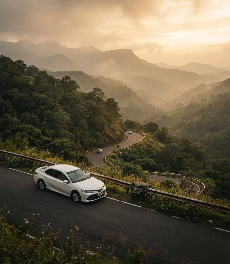 Wide environmental shot of a clean white sedan parked on a scenic mountain pass in the Western Ghats of Karnataka, golden-hour sunlight filtering through mist, rich natural tones, cinematic depth of field.