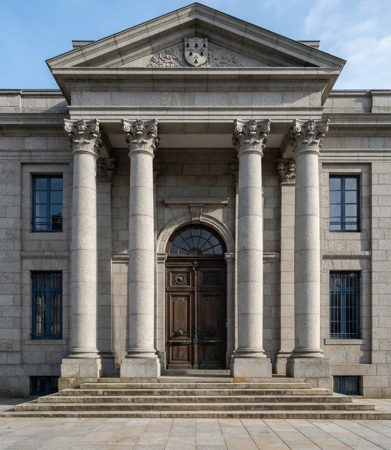 Symmetrical architectural detail of a Breton administrative building, clean granite pillars, crisp natural daylight, authoritative legal tone