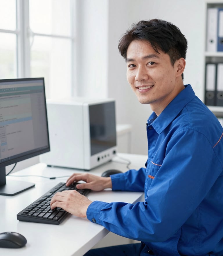 Professional portrait of a technician in a bright, clean workspace with modern technology, natural daylight, sharp focus, 35mm