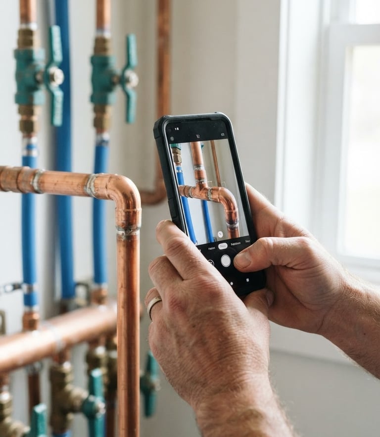 Close-up of hands holding a smartphone scanning a copper pipe joint, bright natural daylight, crisp focus, 35mm