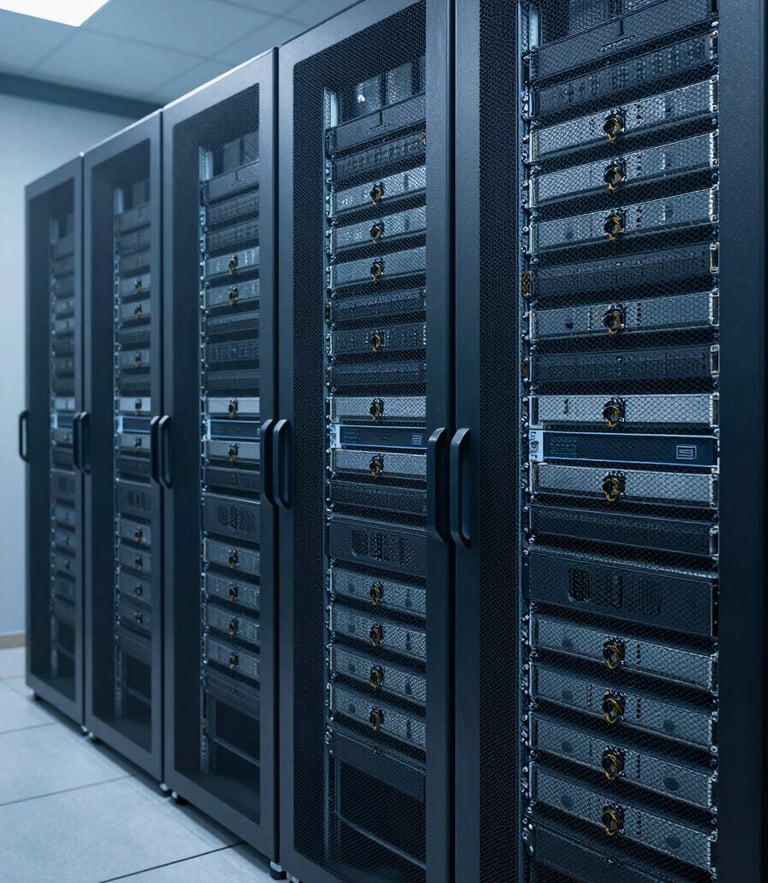 Clean, organized server racks in a modern data center, cool blue lighting, sharp focus, professional enterprise environment.
