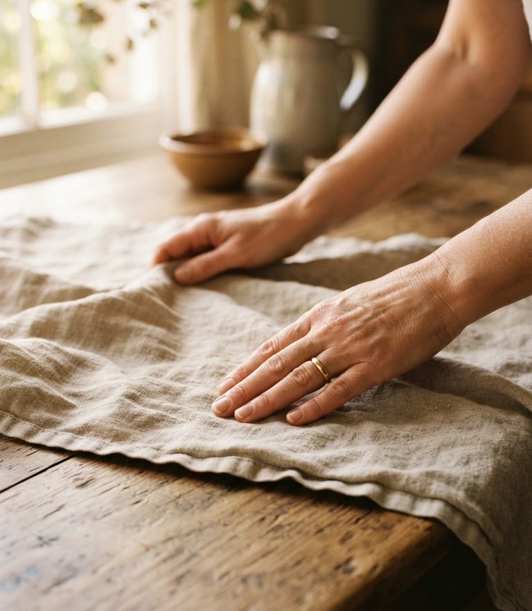 Intimate close-up of hands gently smoothing a crumpled linen tablecloth on a wooden table, warm morning sunlight, earthy tones