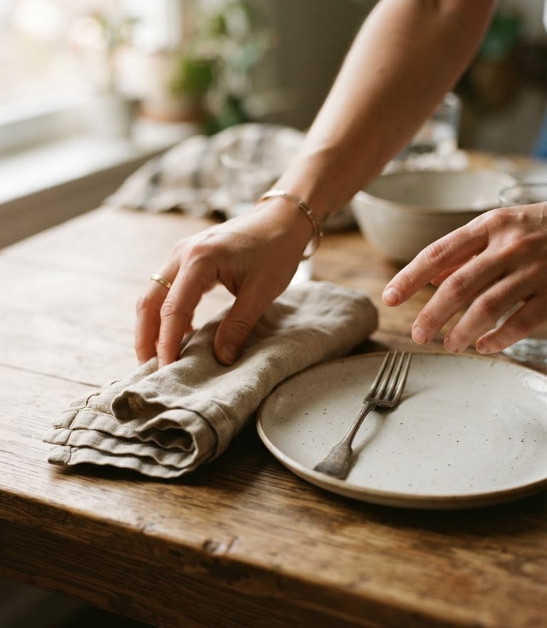 Intimate close-up of hands arranging linen napkins on a warm wooden dining table, soft morning window light, earthy tones, 35mm photography