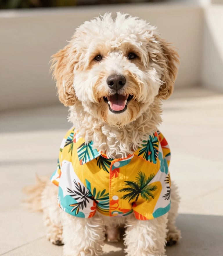 Bright natural photography of a happy fluffy dog wearing a colorful tropical shirt looking at the camera, warm daylight, 50mm
