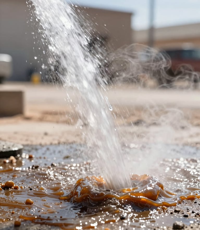 Extreme close-up of a high-pressure hot water stream slicing through thick grease on concrete, steam rising, bright desert sunlight, sharp action photography, 35mm