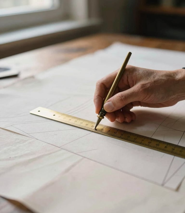 Close-up of a master tailor drafting a paper pattern with a vintage brass ruler, soft morning window light, warm ivory paper, shallow depth of field, 35mm film style