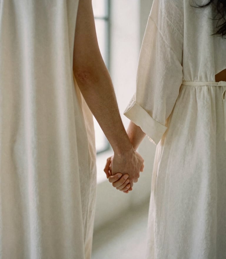 A couple standing hand-in-hand in a minimalist architectural setting, soft window light highlighting the elegant drape of their ivory garments.