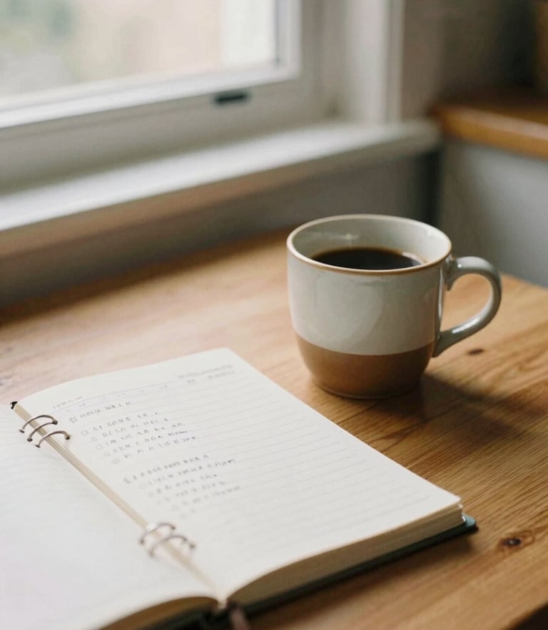 A physical study planner with handwritten notes next to a ceramic coffee mug on a warm wooden kitchen table, soft morning window light, shallow depth of field, 35mm film look.