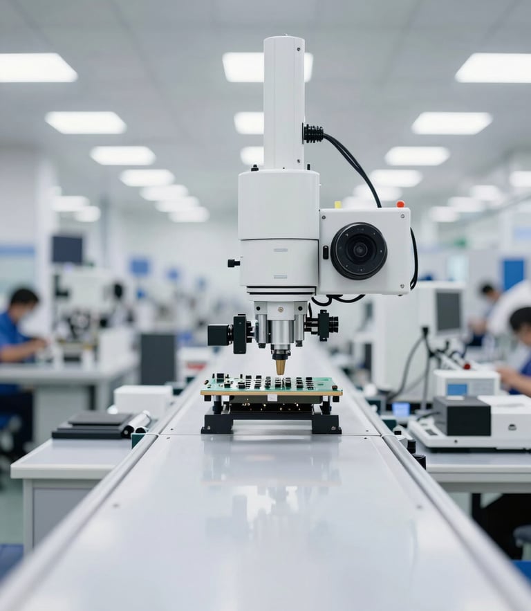 Straight-on shot of a bright, clean electronics assembly line in a modern Chinese factory, high-key technical lighting, sharp focus, 35mm lens