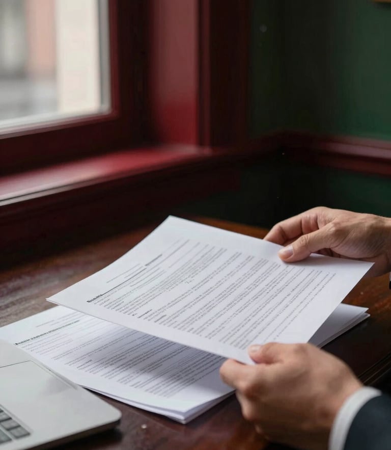 Close-up of hands in a sophisticated office reviewing financial spreadsheets and legal documents under warm window light, deep crimson accents, shallow depth of field, 35mm