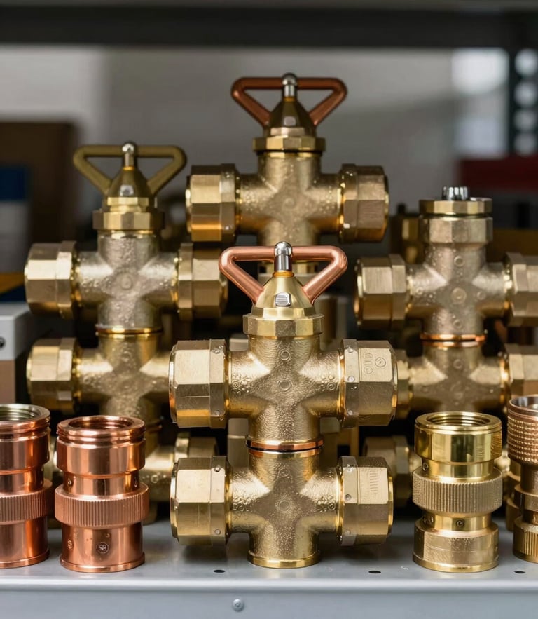 Straight-on eye-level shot of physical hardware inventory, brass valves and copper pipe fittings stacked on a metal shelf in bright daylight