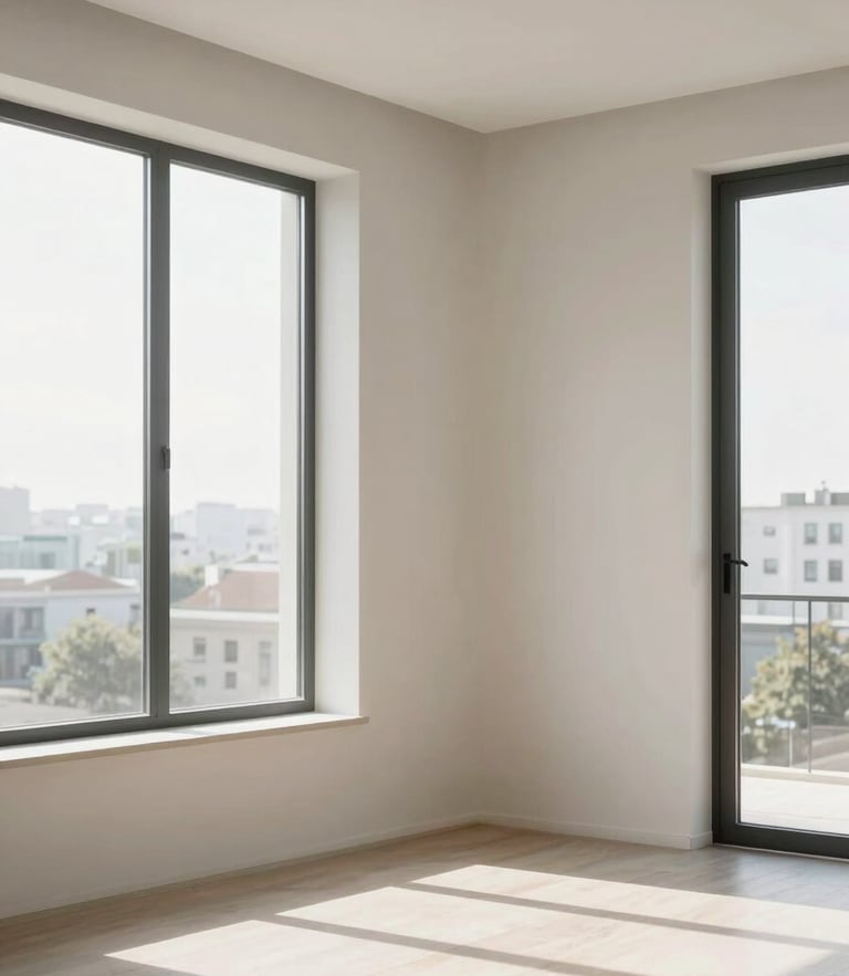 Bright airy modern apartment interior with clean architectural lines, natural diffused daylight streaming through large windows, neutral tones, 35mm lens.