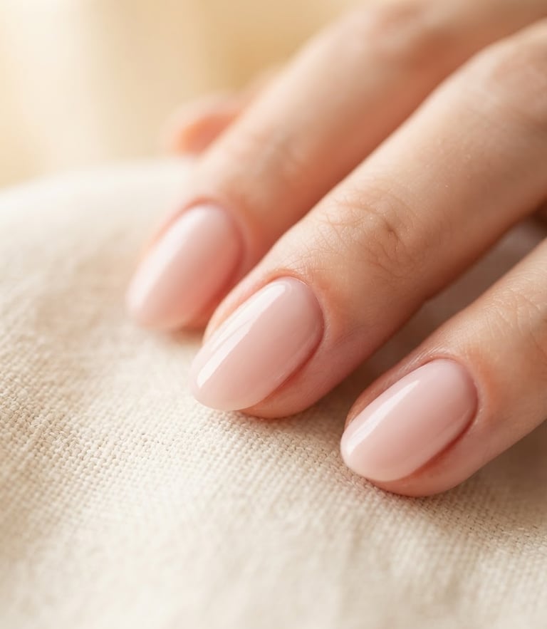Extreme close-up macro shot of a pristine structured gel manicure in soft blush pink, hand resting on delicate cream linen under warm diffused window light