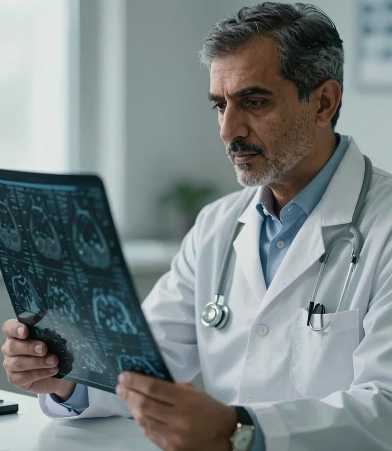 Medium-close portrait of Dr. Shah in quiet, focused consultation, reviewing a medical scan under soft natural daylight, slate blue tones.