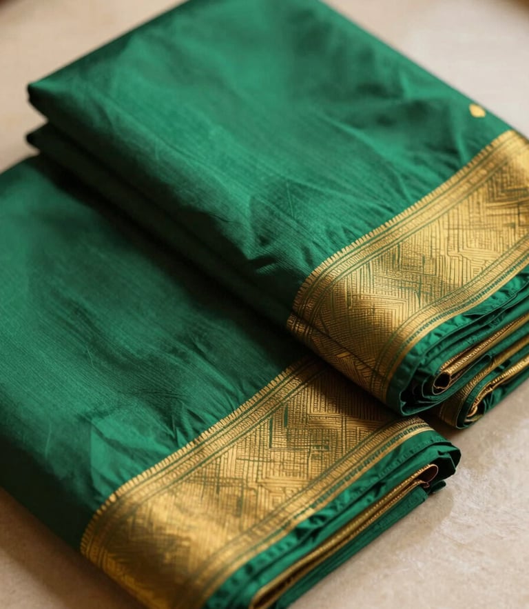 Warm editorial photography of neatly folded silk sarees in deep emerald and marigold, soft natural daylight highlighting genuine zari weaves.