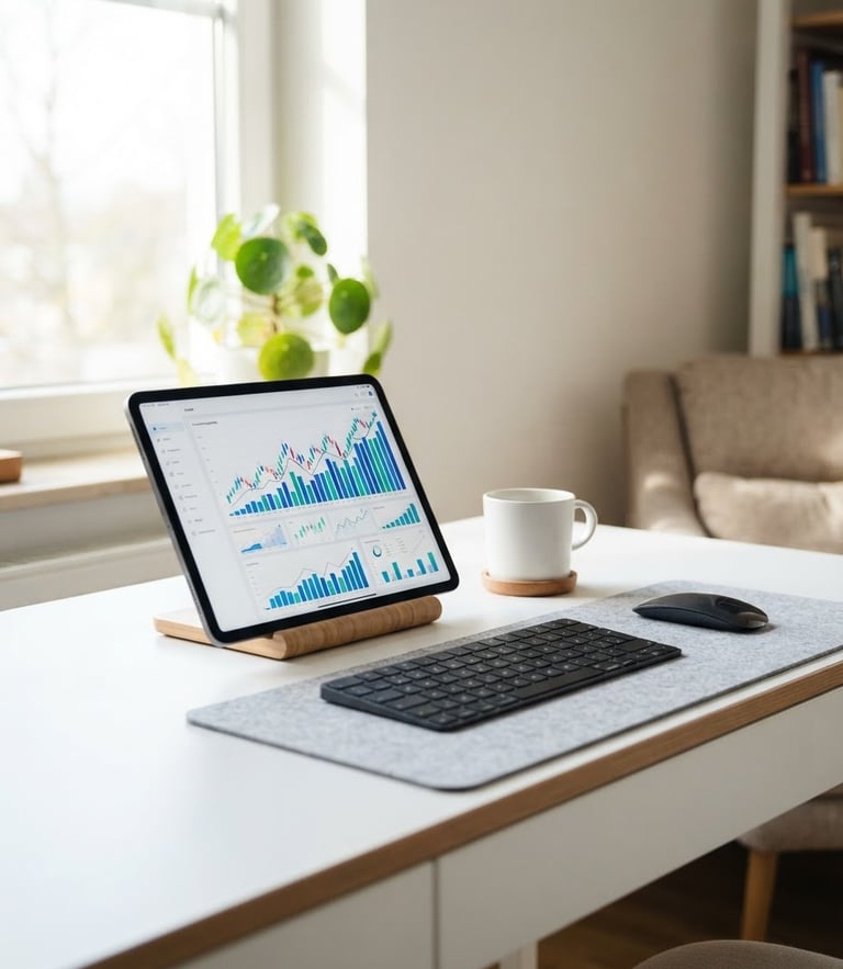 Bright natural daylight workspace, minimalist desk with a clean digital tablet showing financial growth charts, soft shadows, professional fintech aesthetic