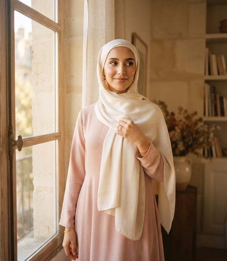 Warm editorial photography of a woman wearing an elegant, soft blush pink modest garment and a cream silk scarf, draped gracefully, soft golden hour window light, 35mm