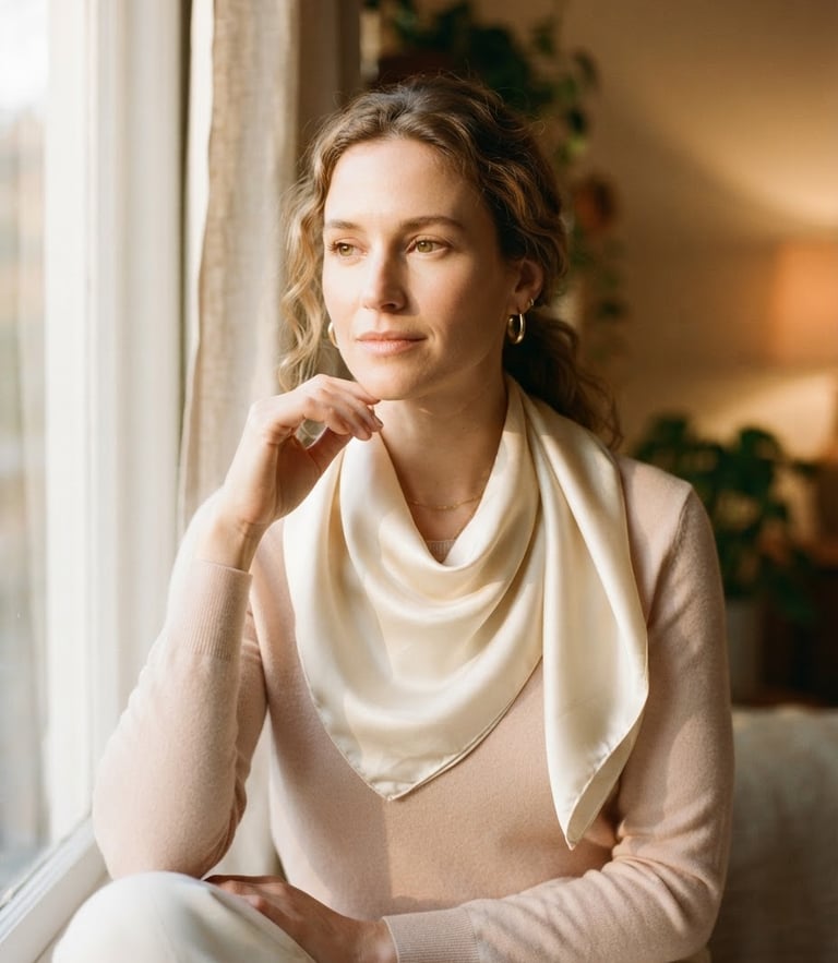 Warm editorial photography, soft golden hour window light, a woman wearing an elegant cream-colored silk scarf draped gracefully, soft shadows, 35mm
