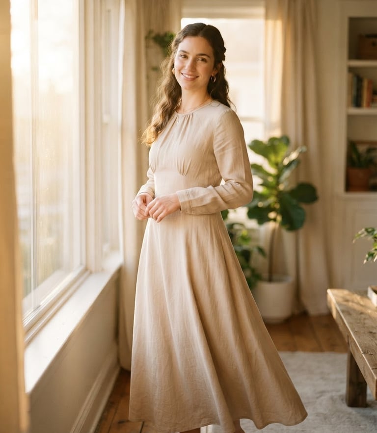 Softly lit portrait of a woman wearing an elegant, flowing sand-colored modest dress, warm golden hour window light, 35mm photography