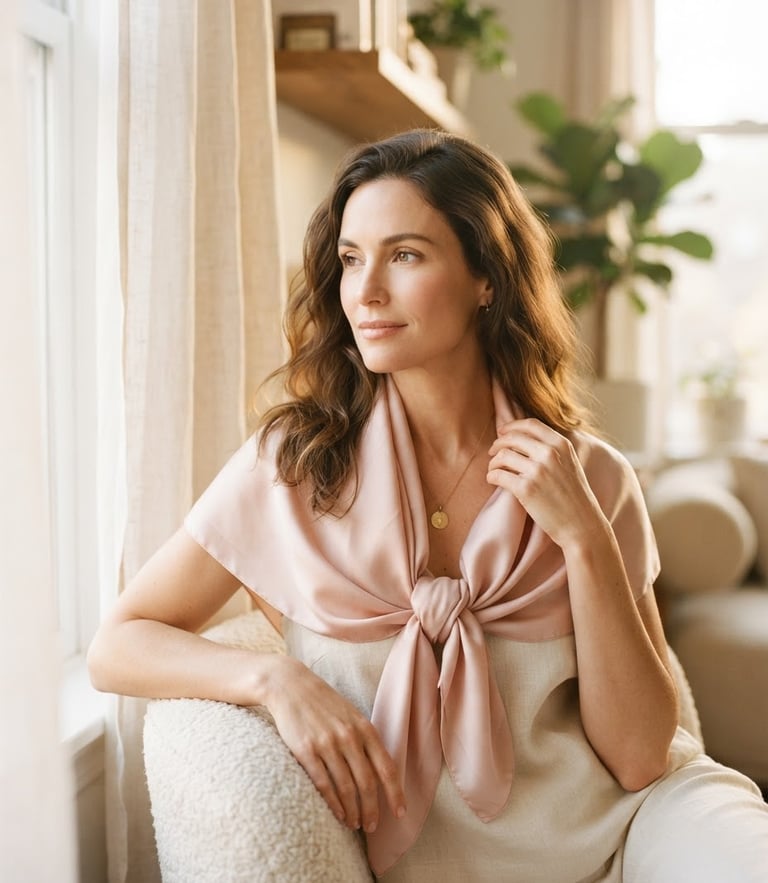 Warm editorial photography of a woman in a soft blush pink silk scarf, diffused golden hour window light, elegant posture, 35mm