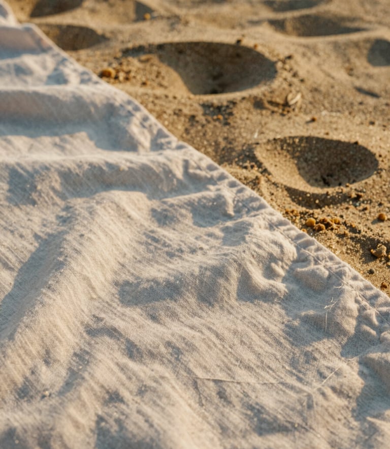 Close-up of premium linen texture under warm golden-hour coastal light, soft shadows, 35mm film editorial feel.