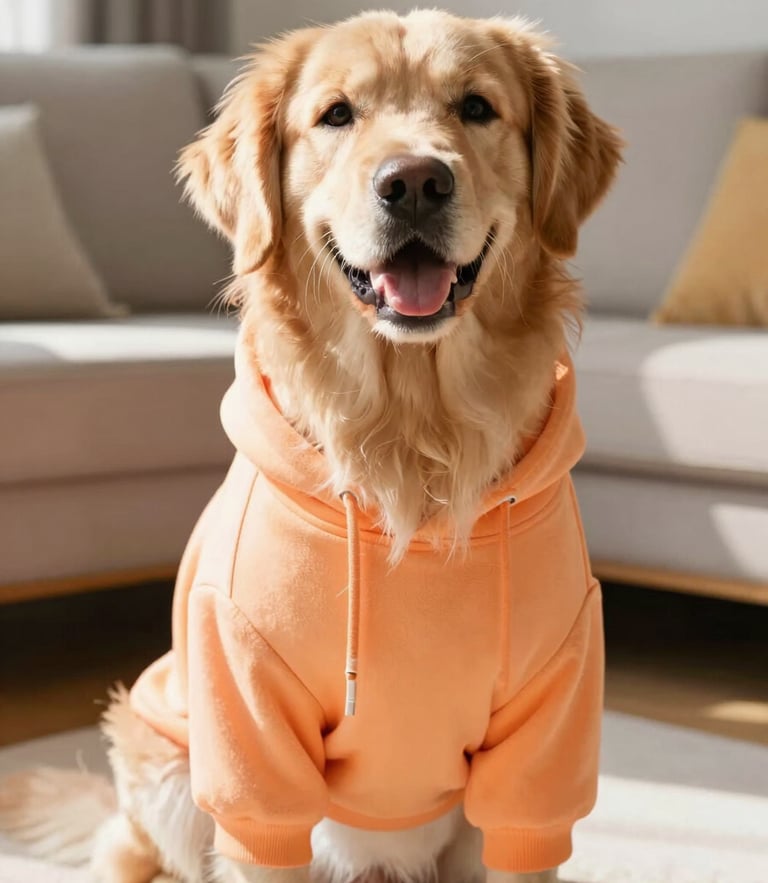 Bright editorial portrait of a happy Golden Retriever wearing a custom-tailored orange hoodie, sitting in a sunny living room, warm natural daylight, eye-level, 35mm